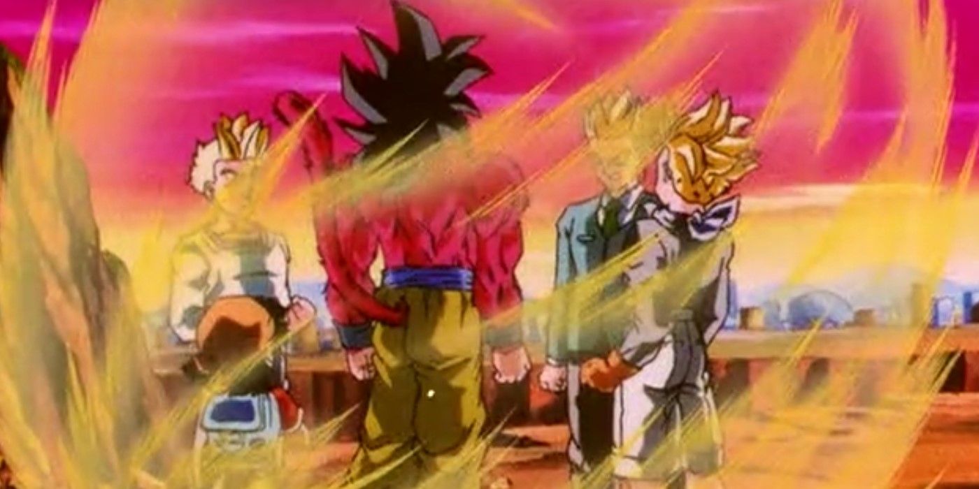 Dragon Ball GT Gohan Goten Trunks and Pan transferring their power to Super Saiyan 4 Goku