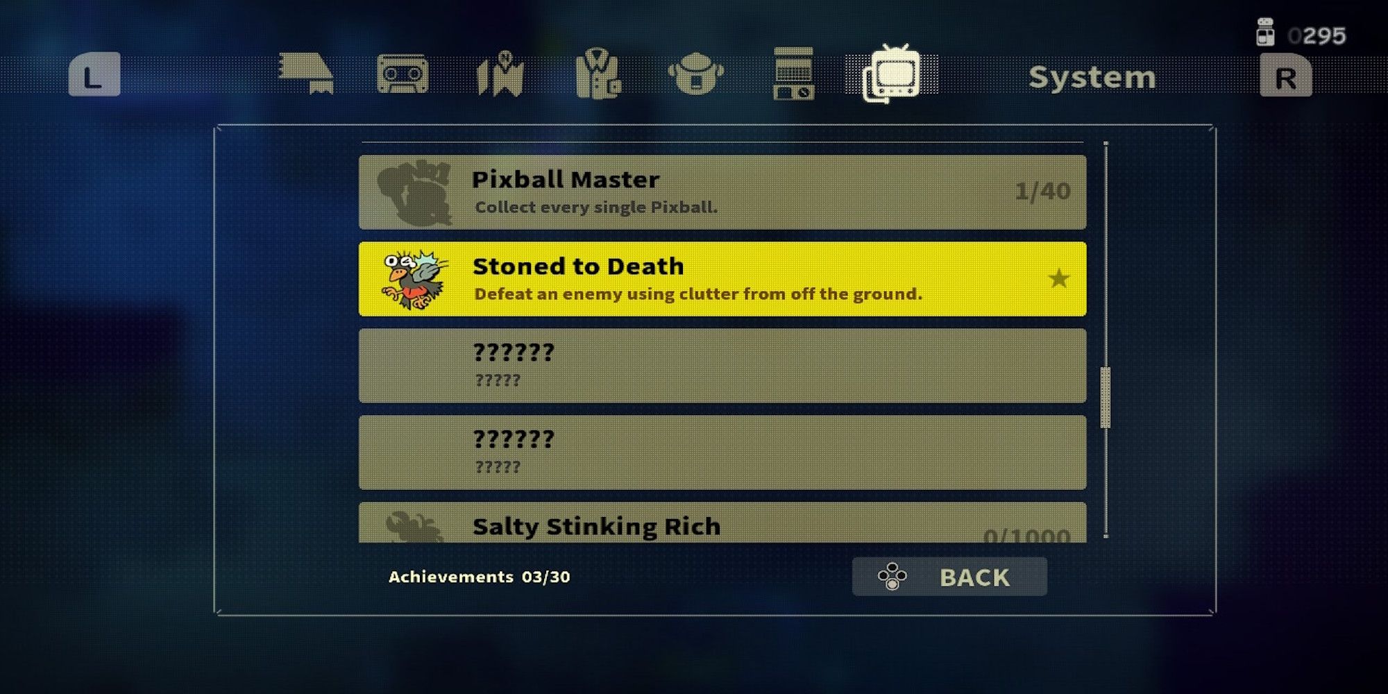 The achievement menu from Eastward