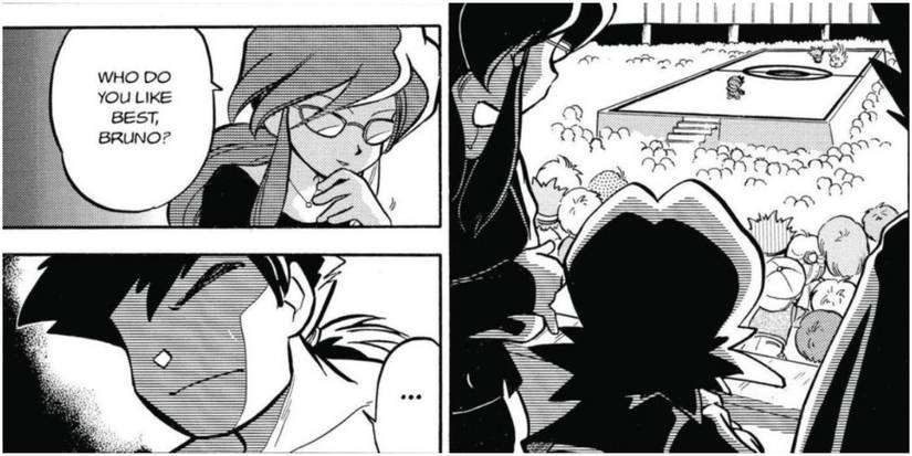 Pokemon Adventures the silhouettes of Bruno, Lorelei and Agatha; Lorelei asks Bruno a question