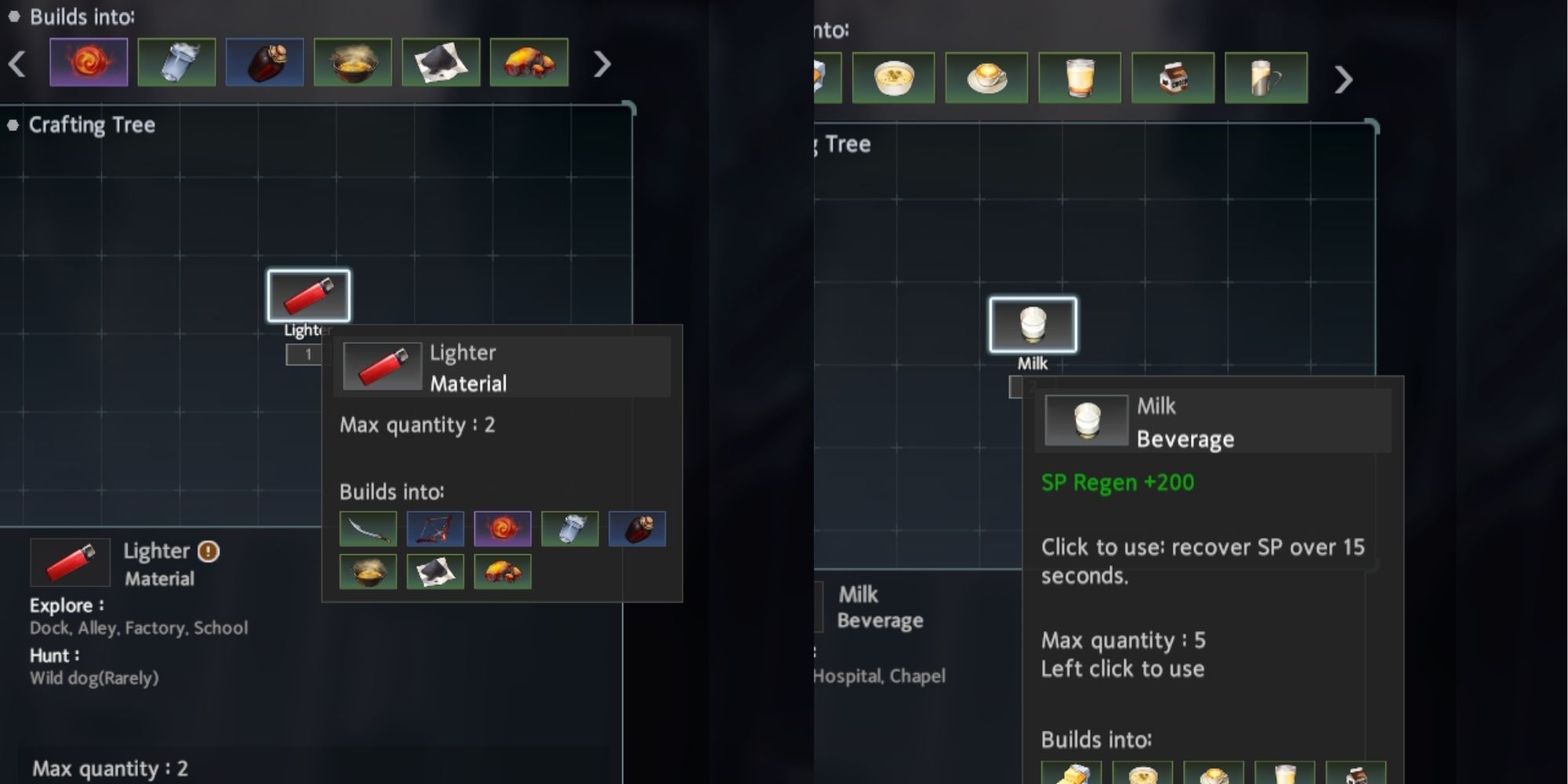 Eternal Return Split Image of Lighter and Milk crafting trees.
