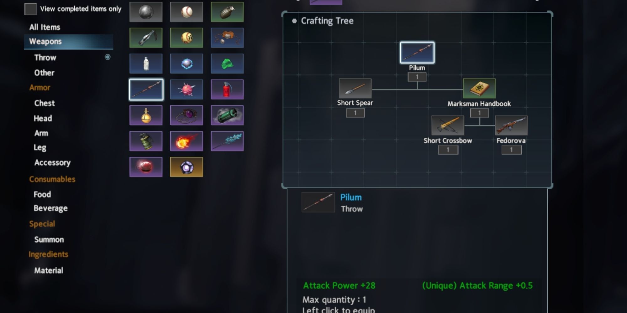 Eternal Return screenshot of Weapon Crafting Tree.