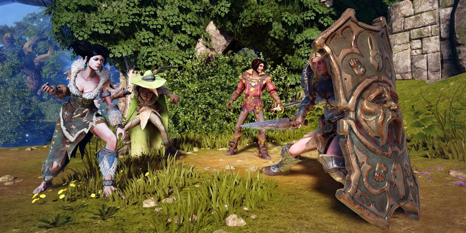 Four characters from Fable Legends standing in a forest by a ruin