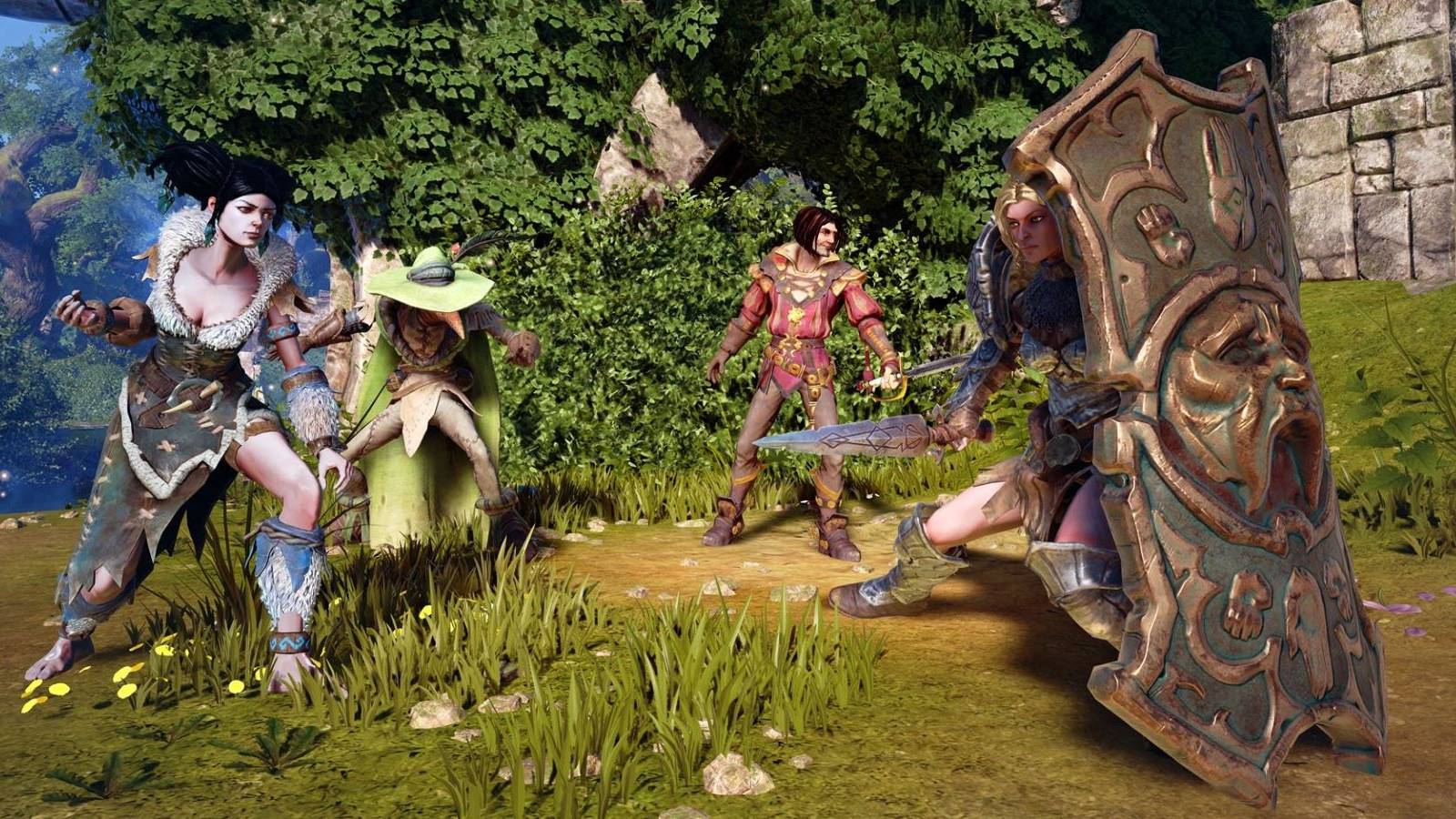 Four characters from Fable Legends standing in a forest by a ruin