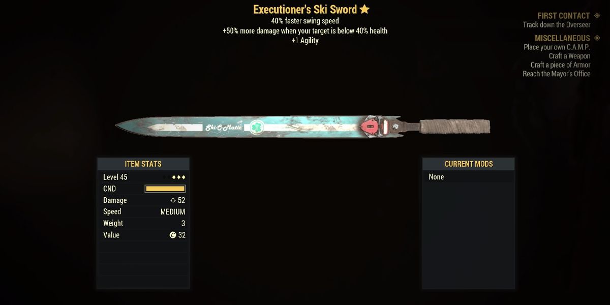 Fallout 76 A Executioners Ski Sword weapon