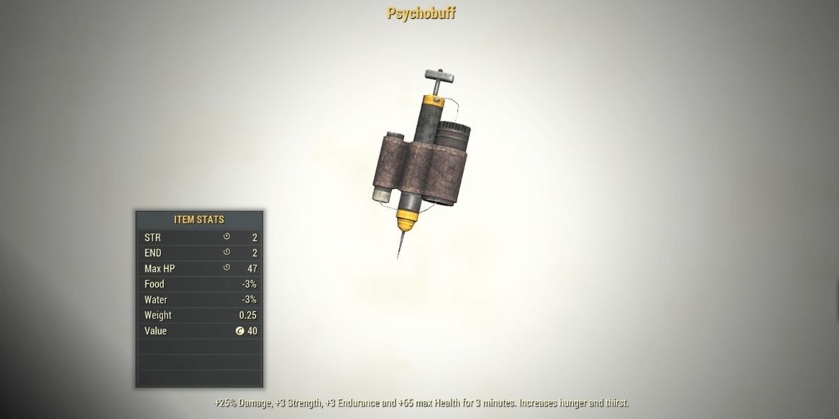 Fallout 76 player inspecting a syringe of psychobuff