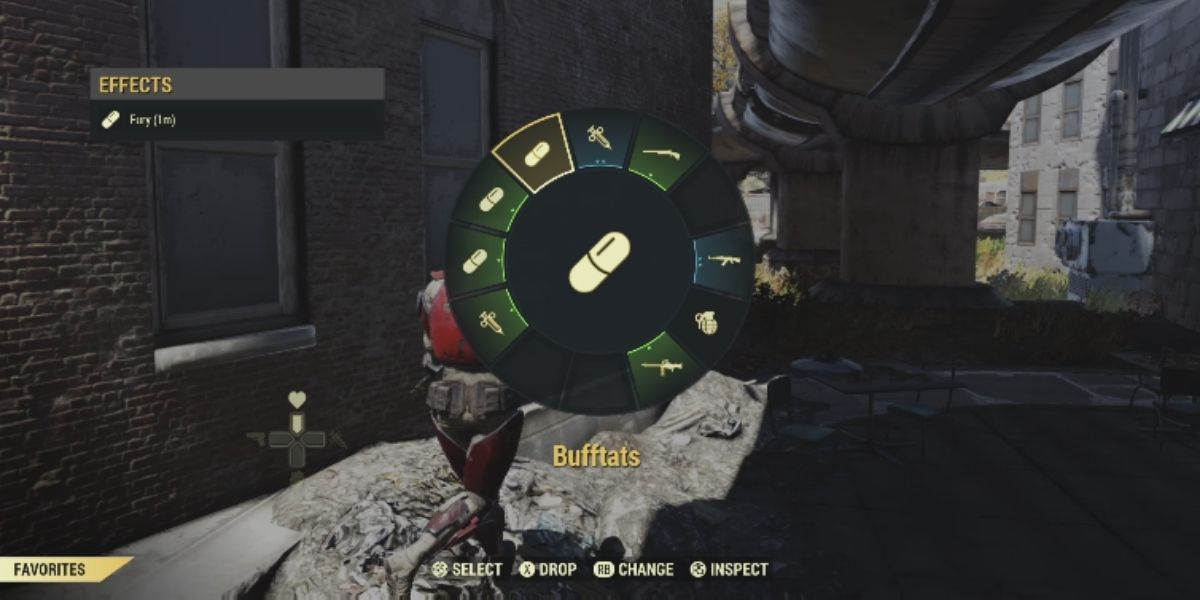 Fallout 76 player selecting bufftats from the favorites wheel