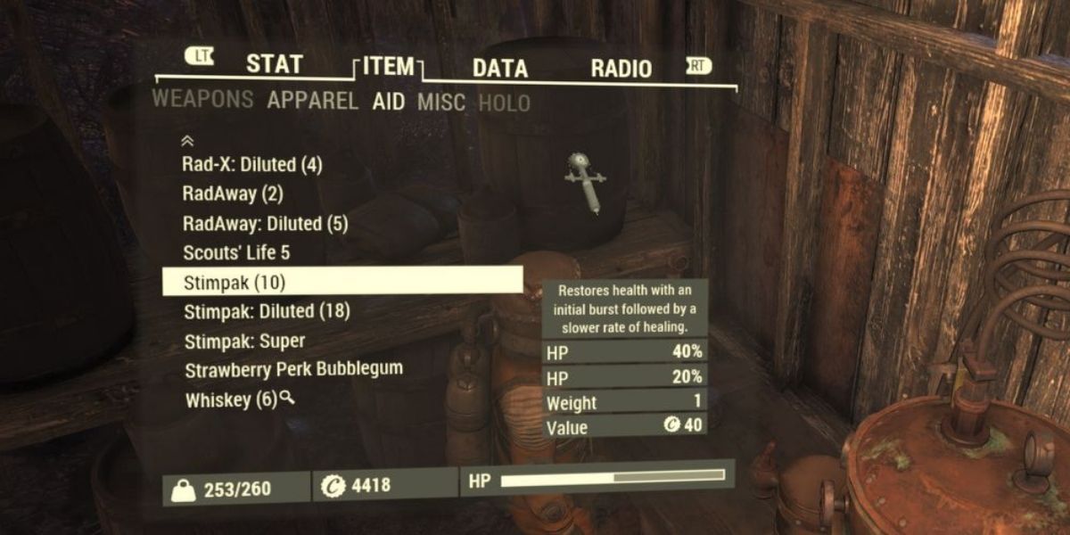 Fallout 76 player looking at stimpak in item menu
