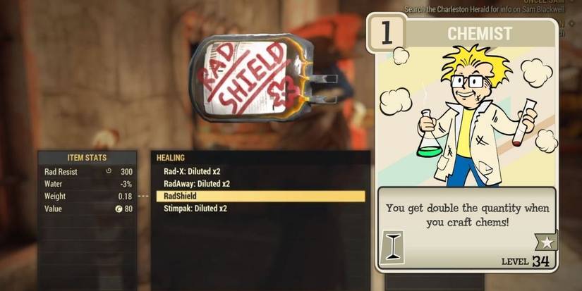 Fallout 76 crafting menu and Chemist perk card