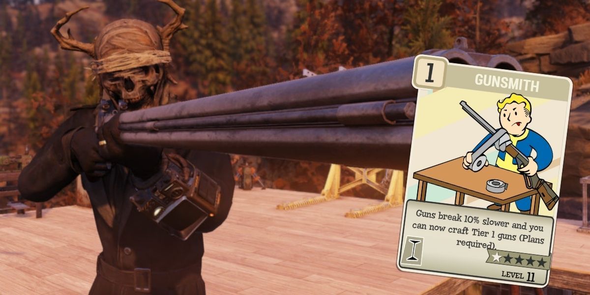 Fallout 76 player pointing shotgun and gunsmith perk card