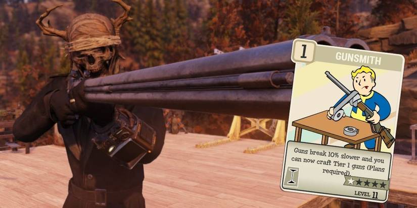 Fallout 76 player pointing shotgun and gunsmith perk card