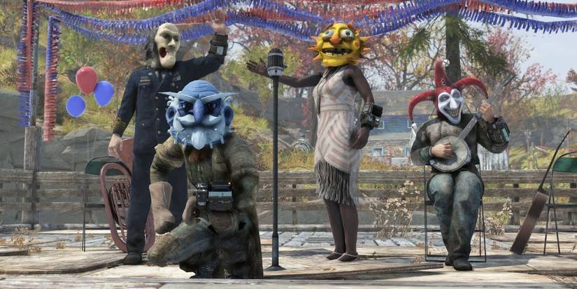 Fallout 76 players playing instruments on stage
