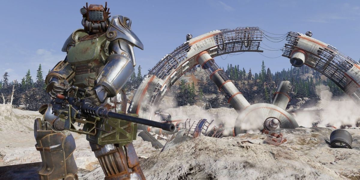 Игрок Fallout 76 стоит перед упавшей космической станцией