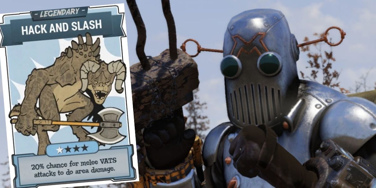 Fallout 76 player with melee weapon and Hack and Slash legendary perk card