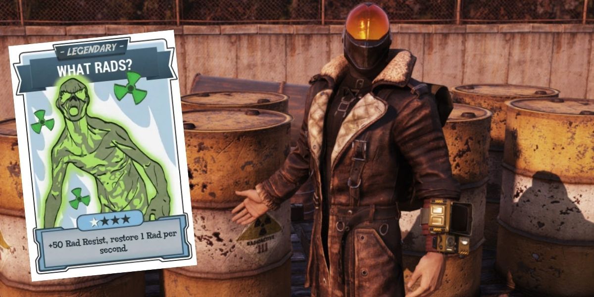 Fallout 76 What Rads perk card and player standing next to radiation barrels