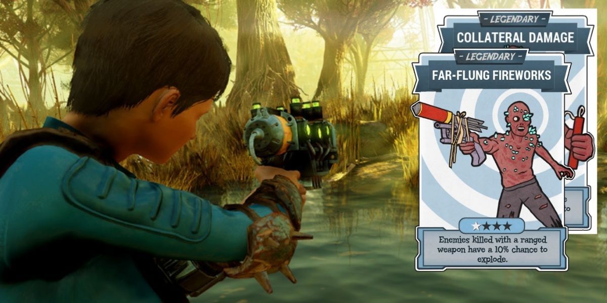 Fallout 76 collateral damage and far flung fireworks perk cards and player firing energy pistol