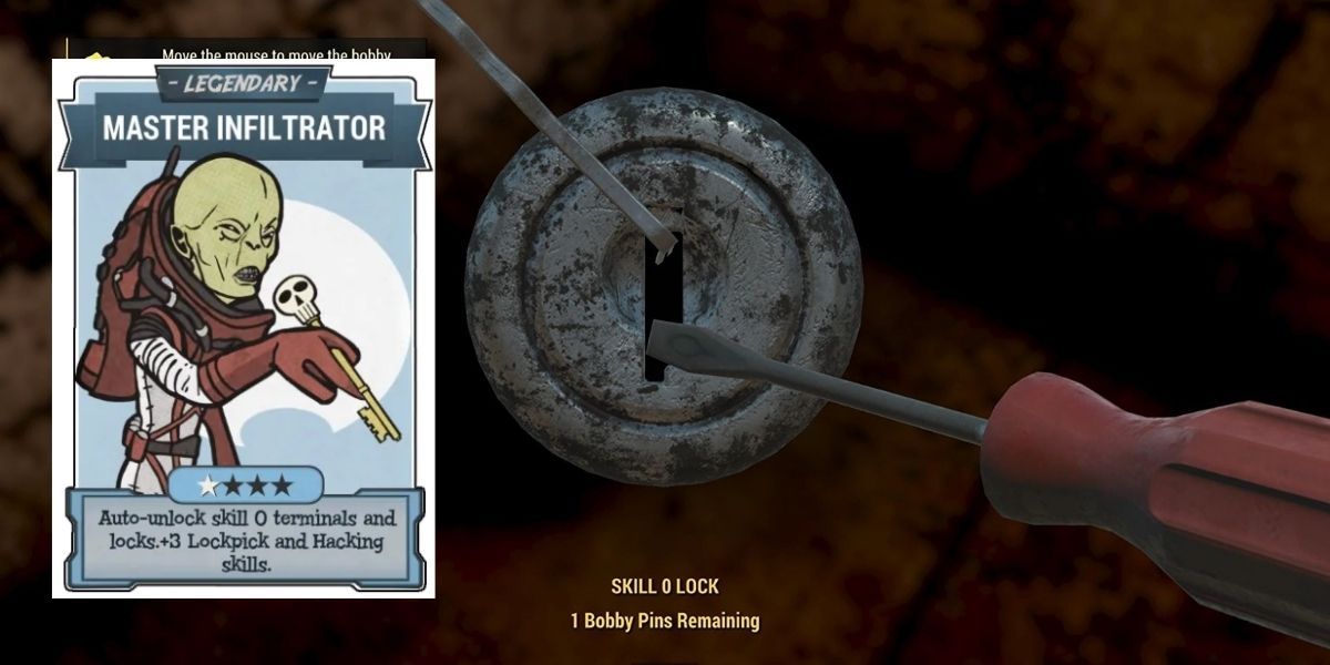 Fallout 76 player picking a lock and master infiltrator perk card