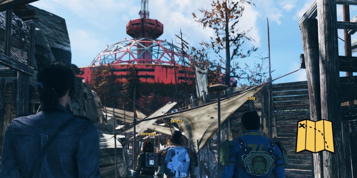 Fallout 76 players exploring the top of the world ski resort