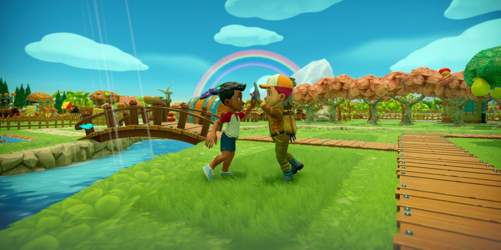 Two characters high-fiving beneath a rainbow in Farm Together