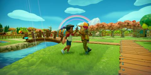 Two characters high-fiving beneath a rainbow in Farm Together