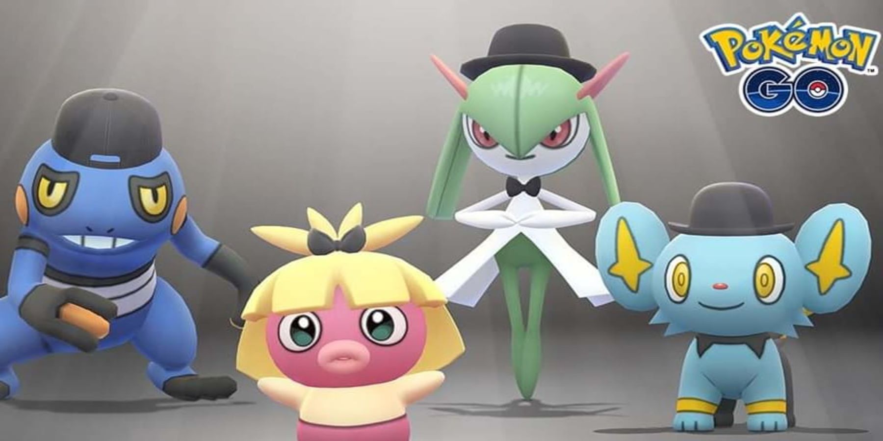 Promotional art for Pokemon GO's Fashion Week depicting Croagunk, Smoochum, Kirlia, and Shinx in event outfits