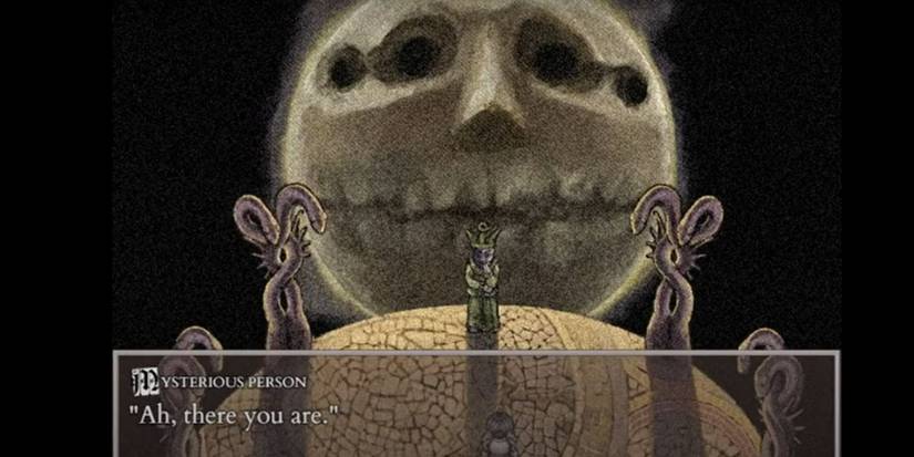 A monstrous moon looms behind a mysterious figure in Fear & Hunger: Termina