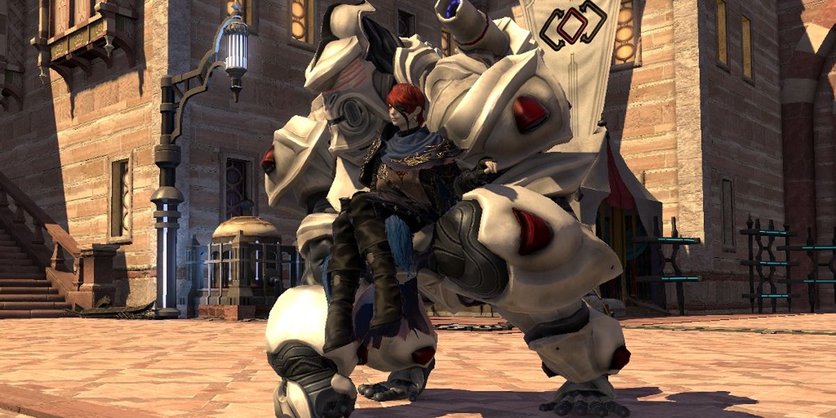 Final Fantasy 14 A Magitech Avenger A-1 Mount carries a player