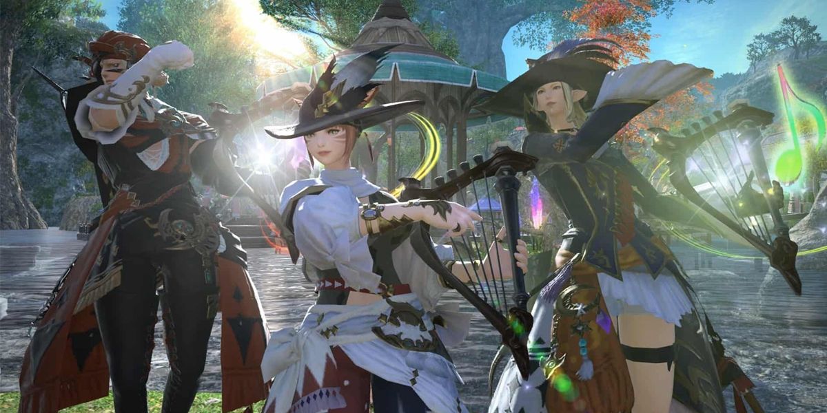Final Fantasy 14 a party of bards stand together