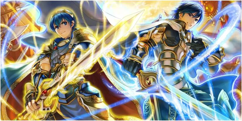 Fire Emblem Cipher Marth and Chrom posing with their Falchions
