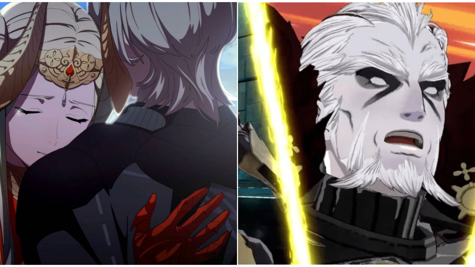 Split image Fire Emblem Three Houses Edelgard and Byleth hug Thales critical cut-in