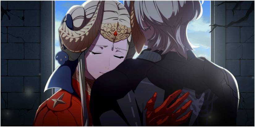 Fire Emblem Three Houses Byleth and Edelgard post-timeskip reunion hug