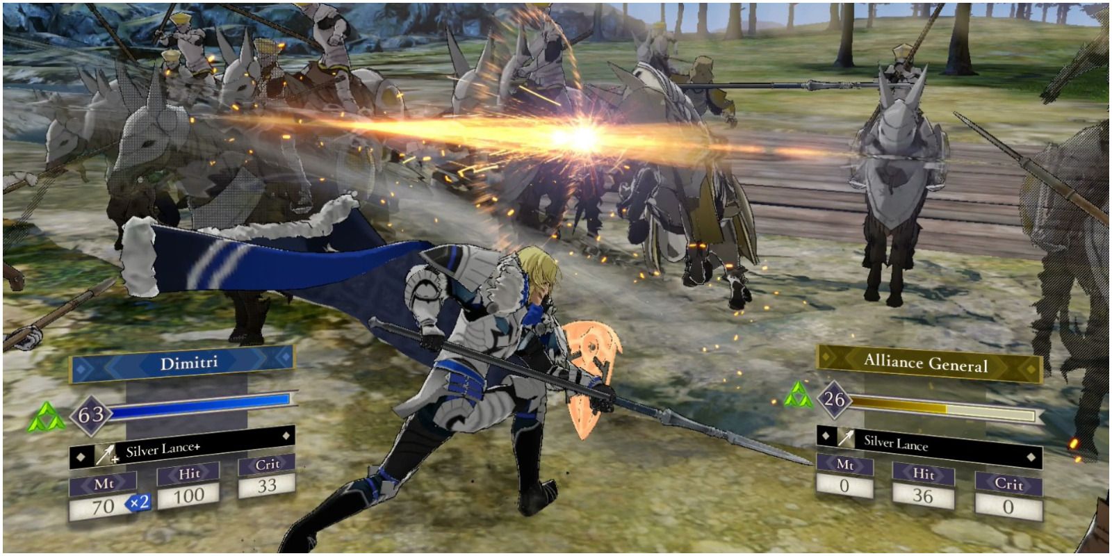 Скриншот внутриигрового боя Fire Emblem Three Houses Дмитрий сражается с Лестерским альянсом