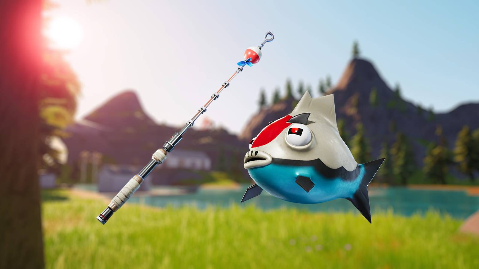 Fortnite fishing rod and vendetta flopper on lake background