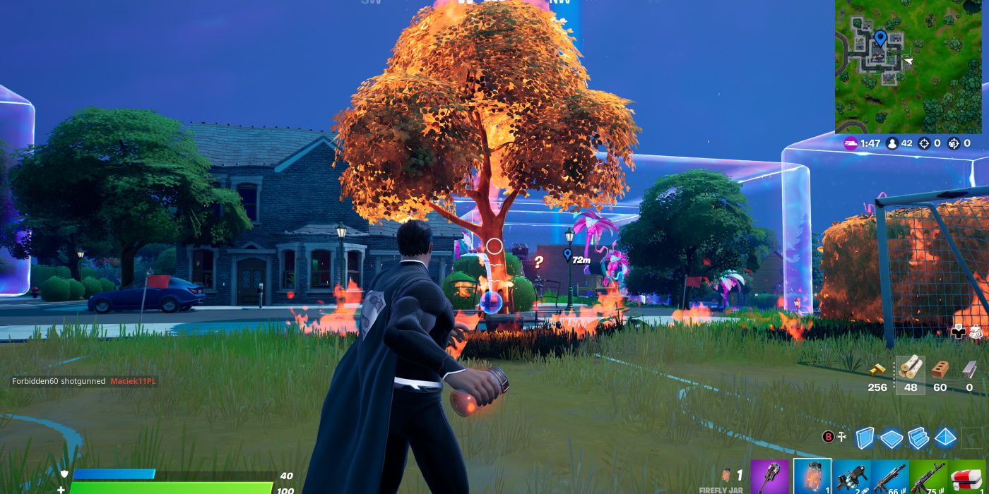 Fortnite fireflies setting fire to tree shadow style superman