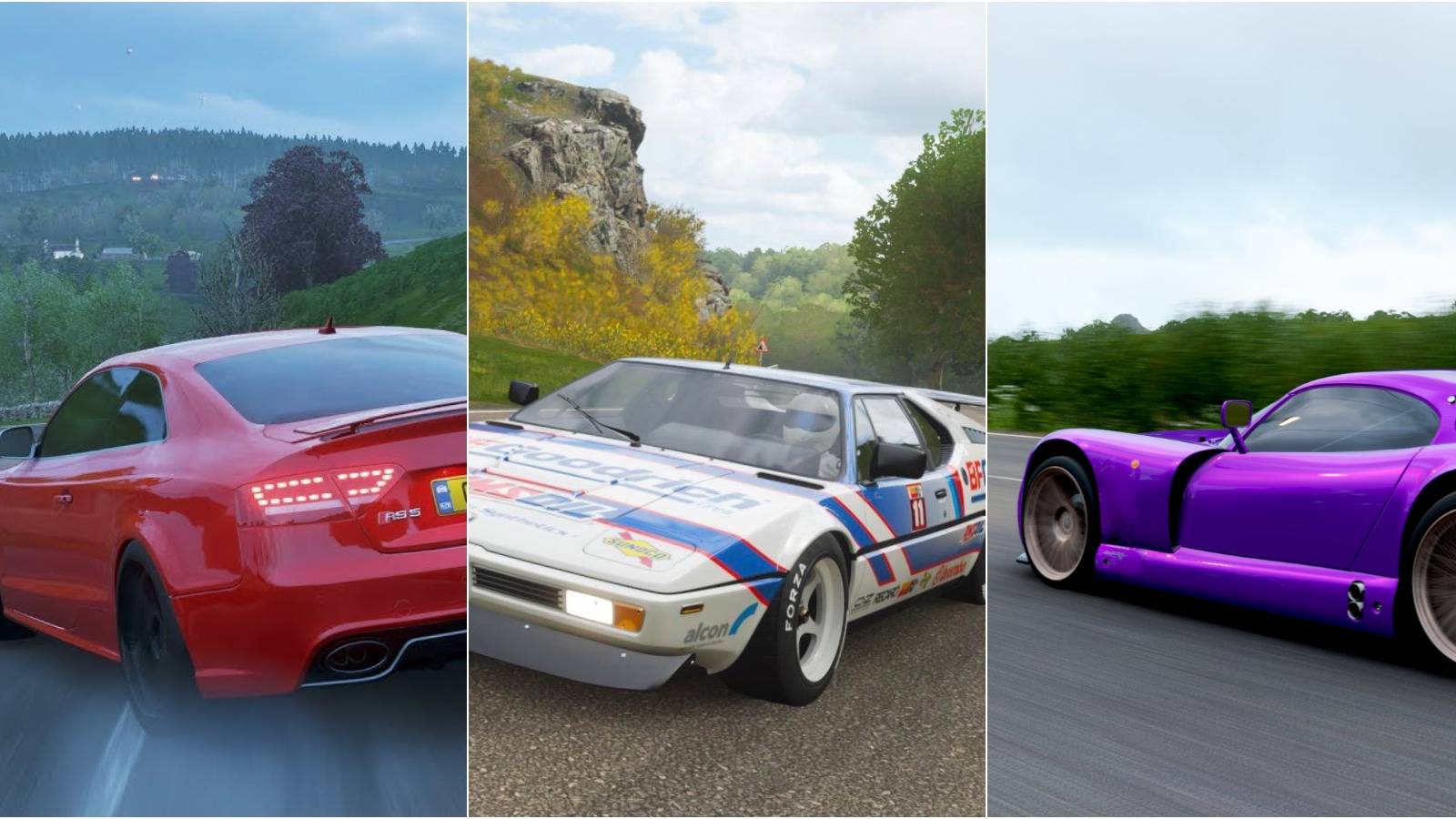 Forza Horizon 4 split image of the Audi RS5 Coupe, BMW M1, and TVR Cerbera Speed 12