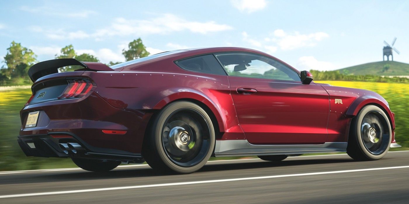 Forza Horizon 4 Ford Mustang RTR S5 side view speeding across prairie raceway