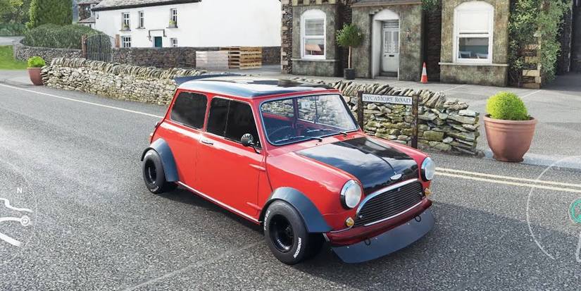 Forza Horizon 4 Mini Cooper S three quarters view stopped in rustic village street