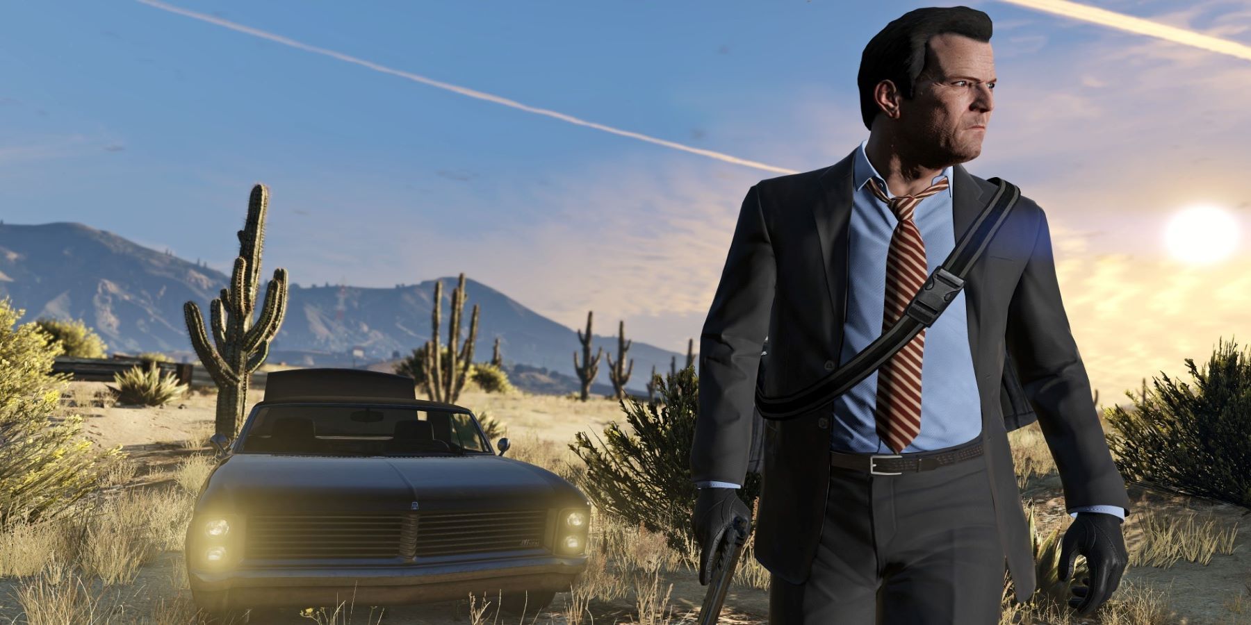 Michael de Santa from Grand Theft Auto 5 standing in front of a car in the desert