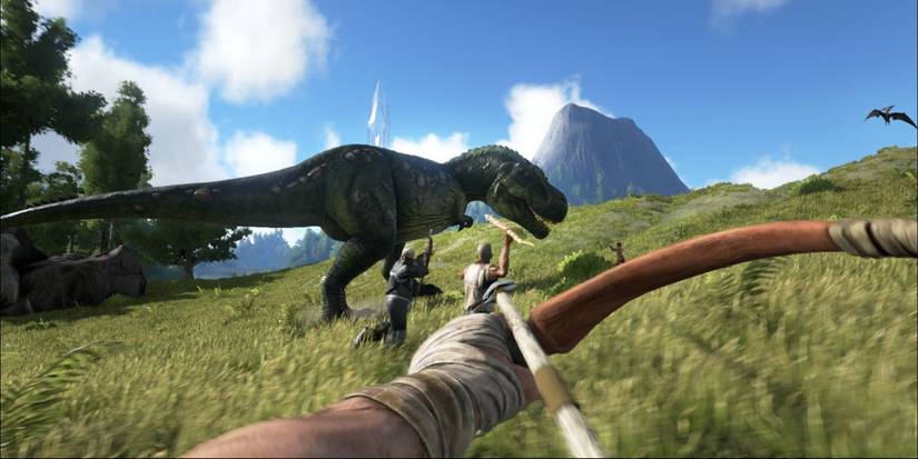 Aiming a bow at a dinosaur in ARK Survival Evolved
