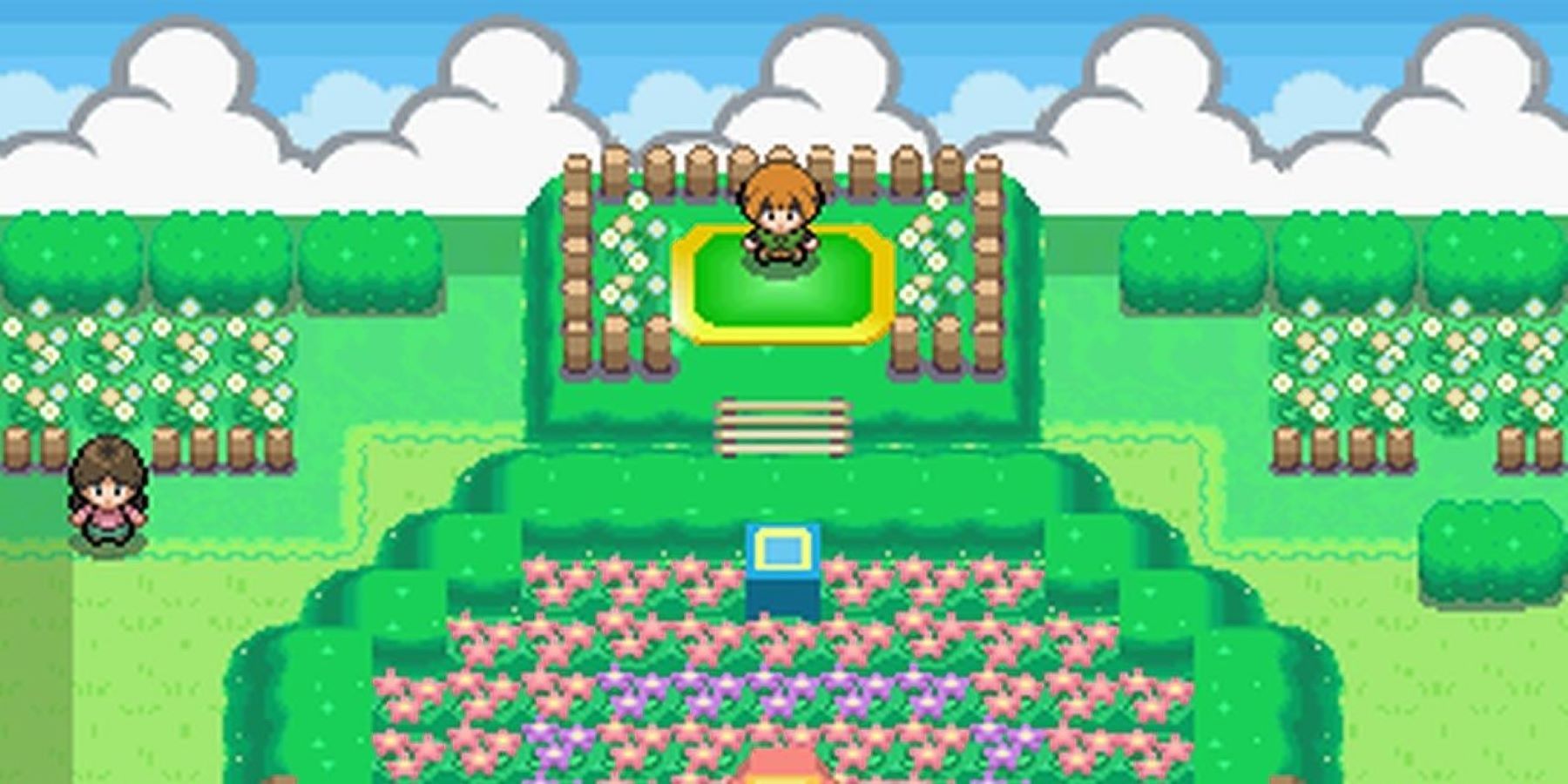 Gym Leader Gardenia waiting for the player's challenge in the Pokemon Platinum version of the Eterna Gym