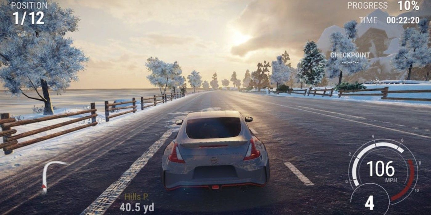 driving on snowy road into the sunset in Gear Club Unlimited 2 Switch
