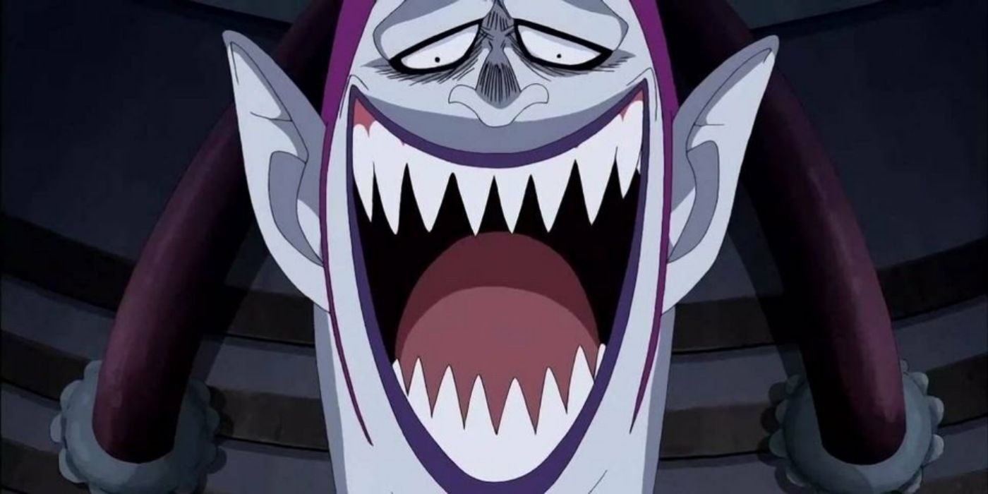 Gecko Moria One Piece laughing and bearing sharp fang-like teeth