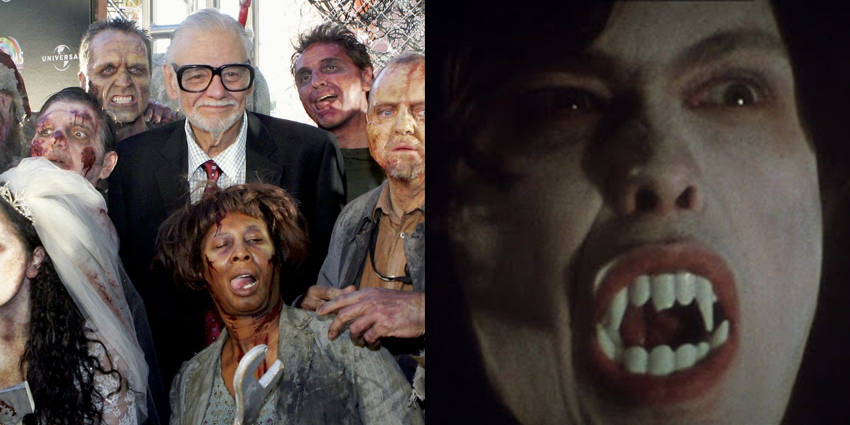 George A Romero with zombie cosplayers and Martin with fangs in his movie Martin