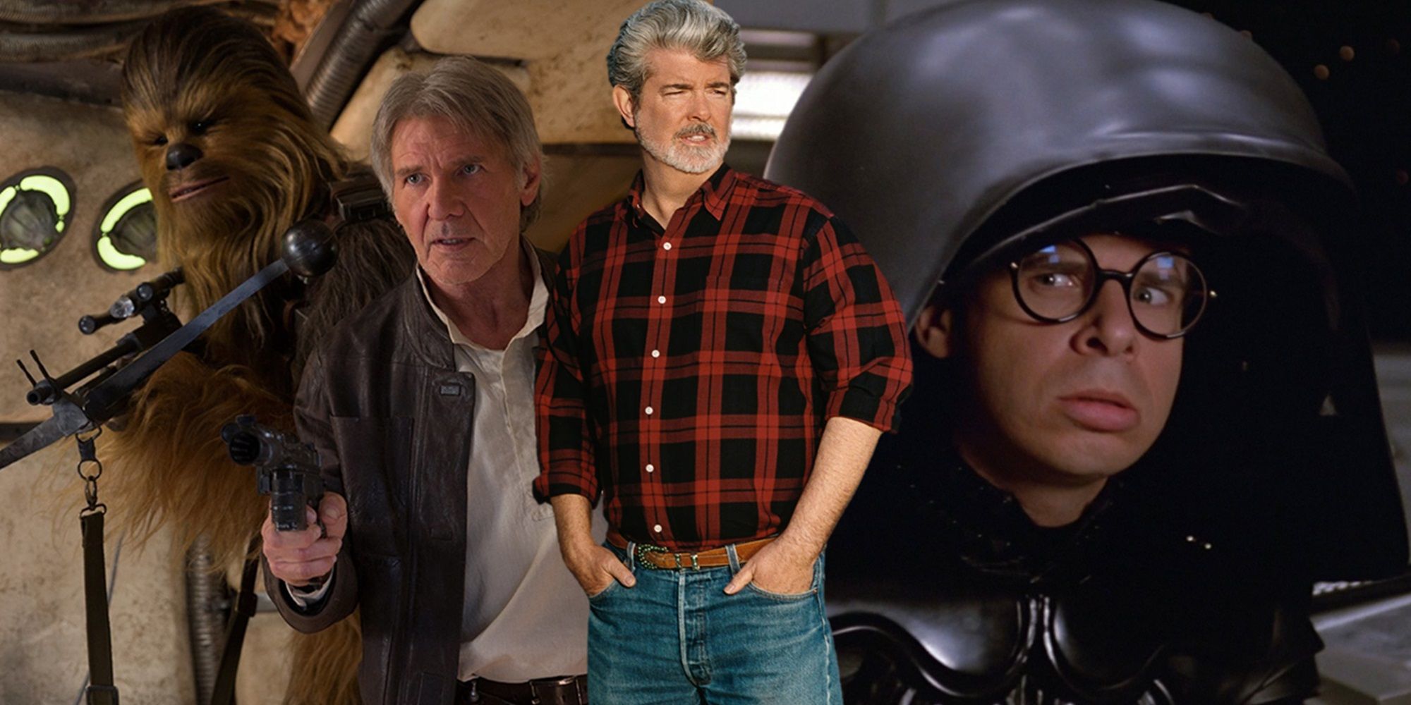 George Lucas, Han and Chewie in The Force Awakens, and Dark Helmet in Spaceballs