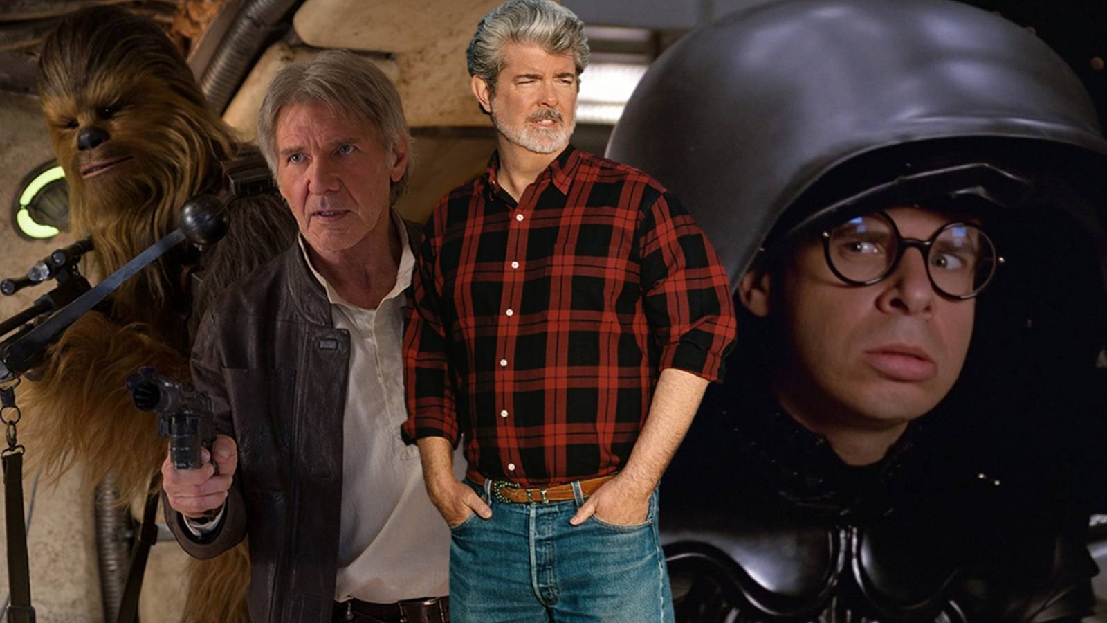 George Lucas, Han and Chewie in The Force Awakens, and Dark Helmet in Spaceballs