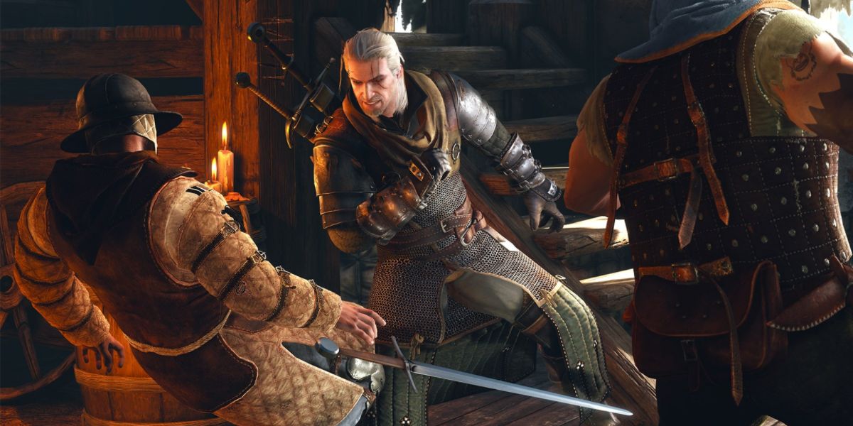 Geralt fights two guards in The Witcher 3