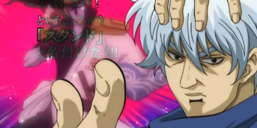 Gintoki with a JoJo pose and Star Platinum in the back