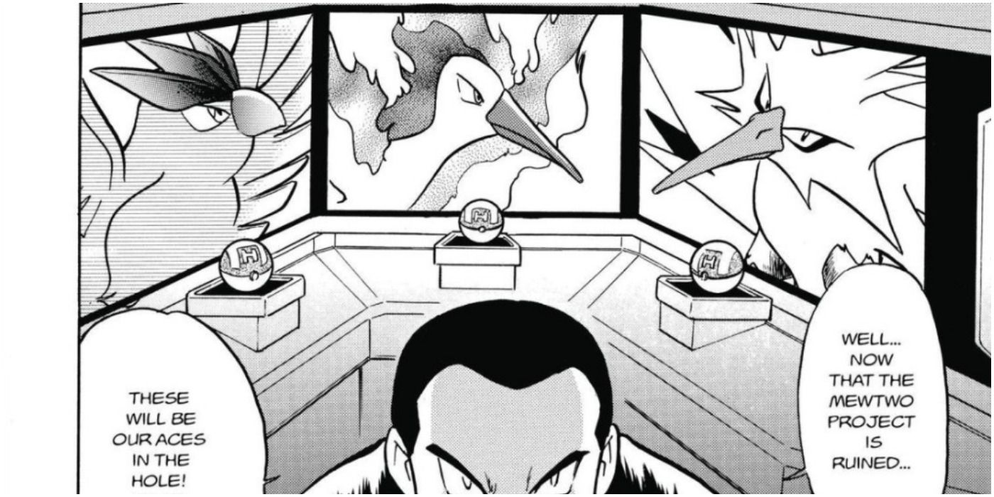 Pokemon Adventures Giovanni planning with the Pokeballs containing Articuno Moltres and Zapdos behind him