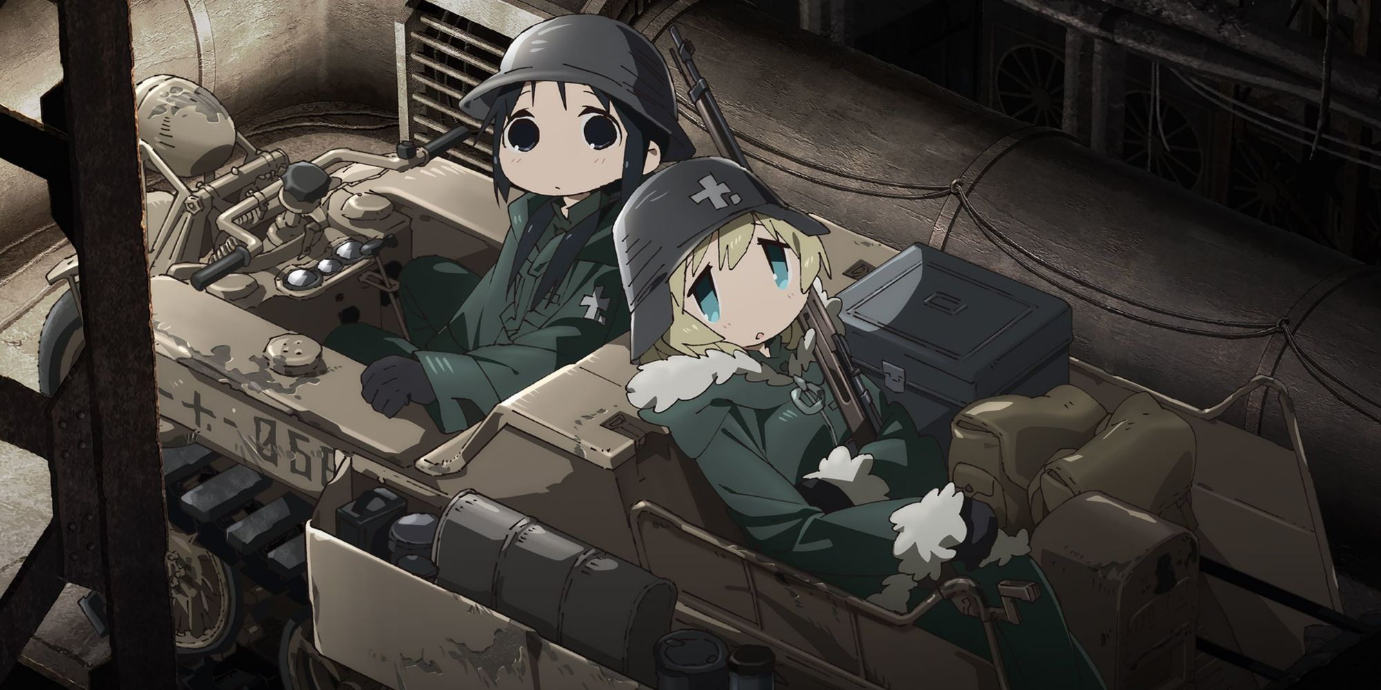 Yuuri and Chito resting on a tank in Girls' Last Tour