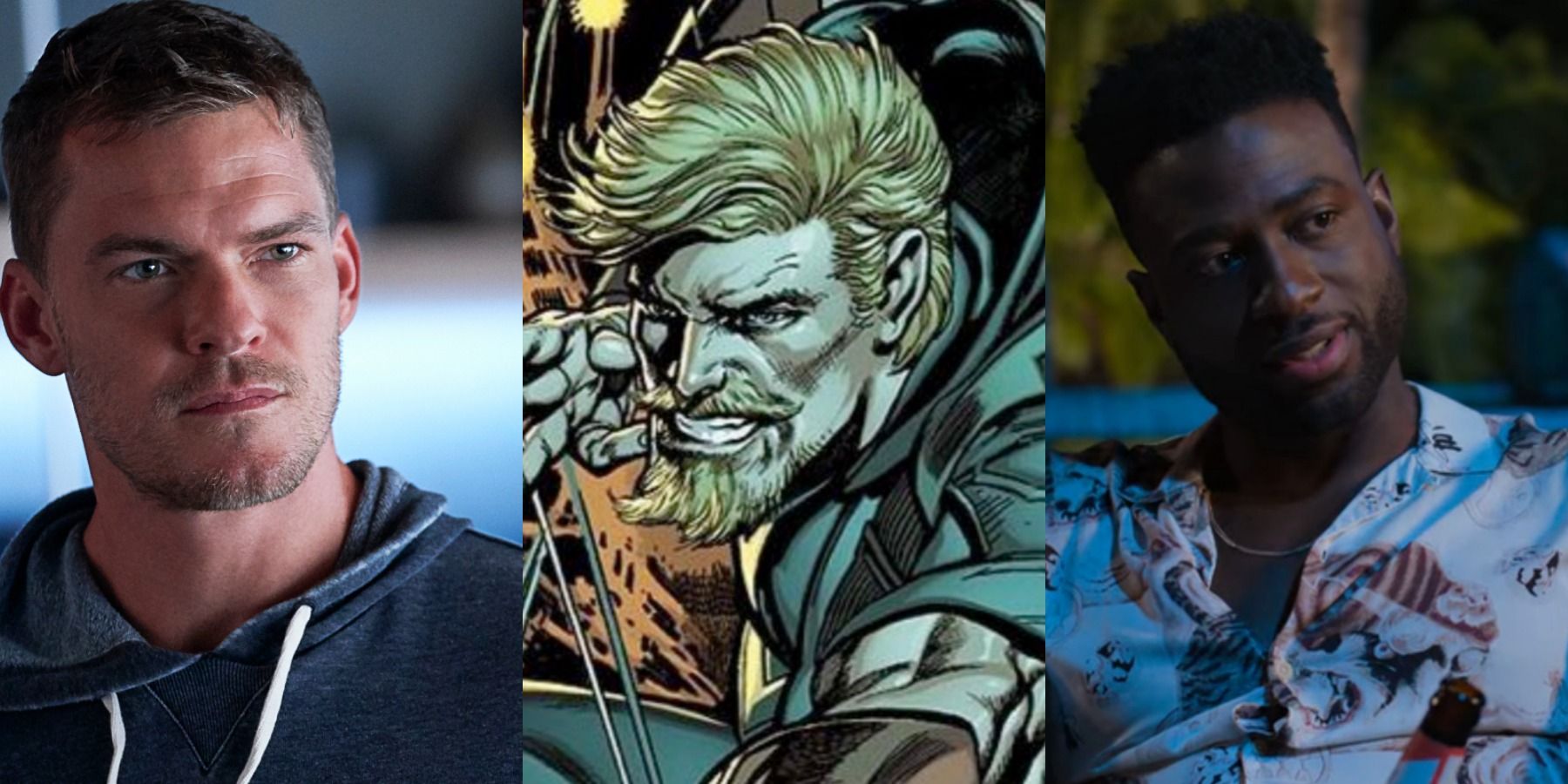 A split image depicts actors Alan Ritchson and Sinqua Walls on either side of DC character Green Arrow