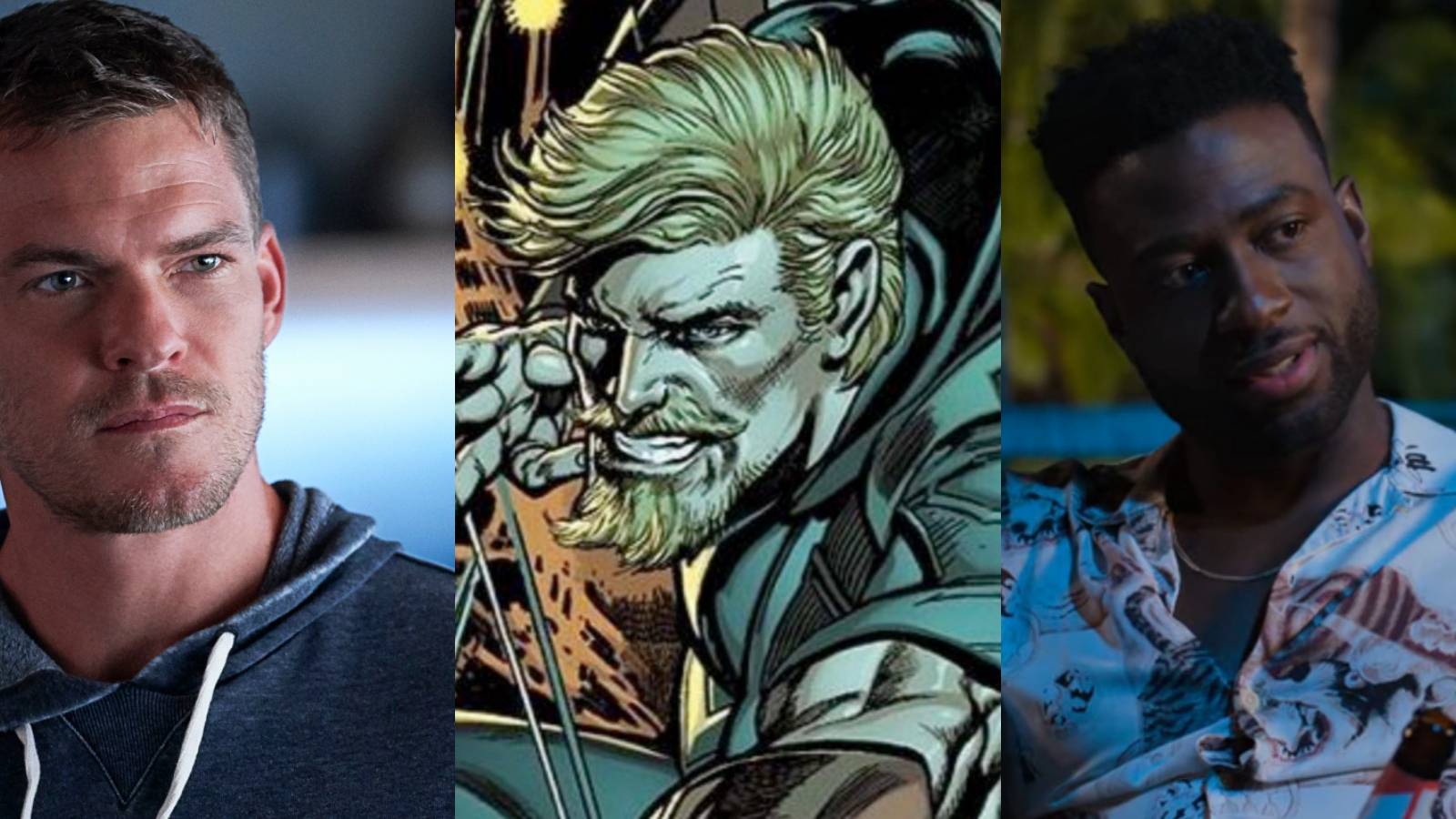 A split image depicts actors Alan Ritchson and Sinqua Walls on either side of DC character Green Arrow